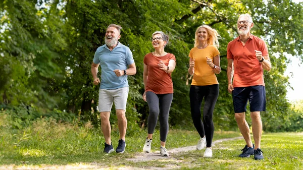 Sağlıklı yaşam tarzı. Spor giyinen üst düzey insanlar dışarıda koşuyor, yeşil parkta koşan mutlu yaşlı erkekler ve kadınlar dışarıda antrenman yapan olgun arkadaşlar, fotokopi alanı olan Panorama...