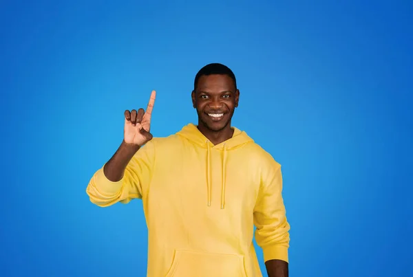 Glad Confident Young African American Man Hoodie Pointing Finger Copy — Stock Photo, Image