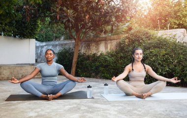 Genç Arap ve Afro-Amerikalı spor elbiseli kadınların kapalı gözlerle yoga yapmalarına, nilüfer pozisyonunda bir şişe suyla dışarıda meditasyon yapmalarına sevindim. Spor, spor ve spor birlikte.