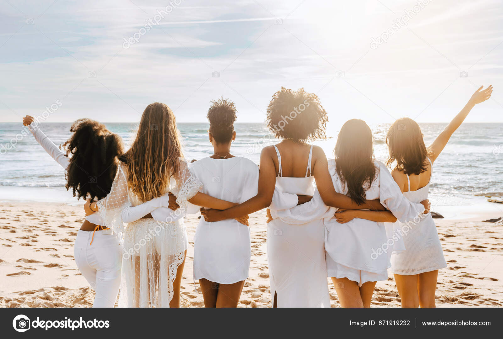 Back View Multiracial Ladies White Dresses Posing Beach Looking