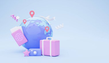 Konum yeri, uçak, pasaport, toketler, bavul ve kamera, renkli 3D kolaj, yaz sezonu için mavi arka planda izole edilmiş, kopyalama alanı olan panorama