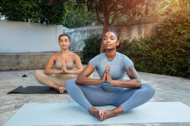 Pozitif sakinlikte bin yıllık siyah ve Arap kadınlar nilüfer pozisyonunda nefes alma egzersizleri yapıyorlar, meditasyon yapıyorlar, birlikte yoga yapıyorlar, dışarıda antreman yapıyorlar. Sağlık hizmeti, sabahları zinde.