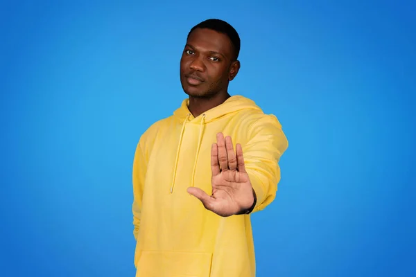 Serious Confident Millennial African American Guy Sweatshirt Making Stop Gesture — Stock Photo, Image
