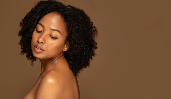 Naked young african american lady posing on brown studio background, side view of topless millennial black woman looking down, copy space, panorama. Woman sensuality concept