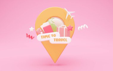 Zaman Yolculuğu metni olan 3D illüstrasyon, içinde dünya olan dev konum broşu, uçak, bavul, pembe arka planda pasaport ve biletler, seyahat ve turizm konsepti için kolaj