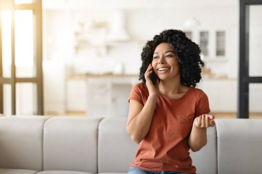 Evde cep telefonuyla konuşan güzel mutlu siyah kadın portresi oturma odasında oturan gülümseyen Afrikalı Amerikalı kadın ve keyifli cep telefonu konuşmaları, kopyalama
