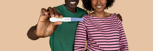 Glad millennial black couple show positive pregnancy test, isolated on beige background, studio, panorama. Future family, infertility treatment, lifestyle and expecting baby