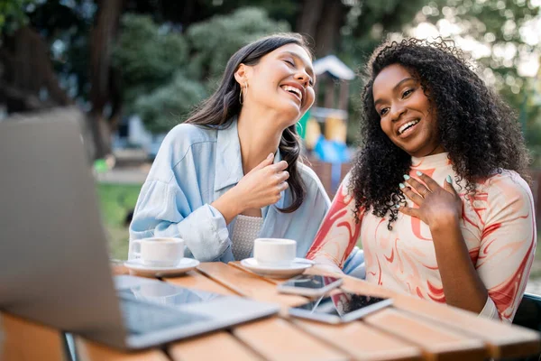 Two Happy Laughing Young Women Using Laptop In Cafe Outdoors, Cheerful Positive Multietnic Female Friends Watching Videos On Computer And Drinking Coffee, Enjoying Time Together, Closeup