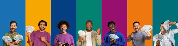 Épargne Jeu Pari Cashback Concept Loterie Hommes Émotionnels Internationaux Tenant — Photo