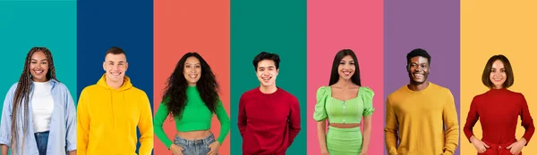 Happy Multiethnic Millennial People Smiling Colorful Backgrounds Collection Studio Photos — Stock Photo, Image