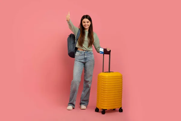 Teen Travel Programs Positive Young Girl Tickets Suitcase Showing Thumb — Stock Photo, Image