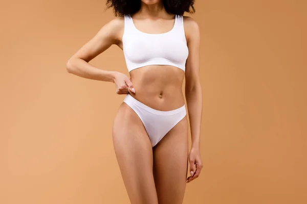 Unrecognizable Slim Latin Lady White Underwear Showing Excess Fat Her — Stock Photo, Image