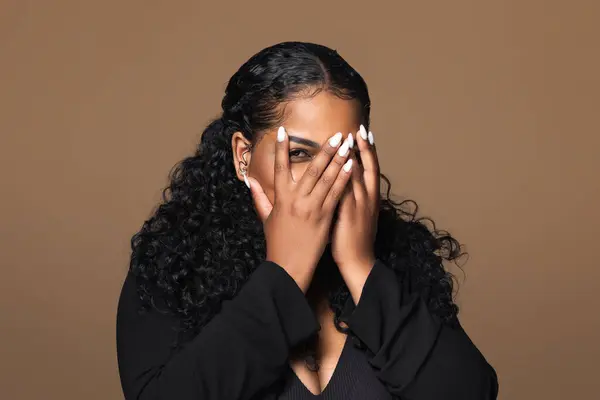Portrait Black Chubby Woman Covering Face Hands Feeling Afraid Stressed — Stock Photo, Image