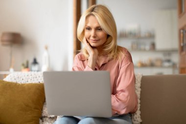 İnternet, Gadget 'lar. Olgun bir kadının portresi dizüstü bilgisayar kullanmak, online bilgi yazıp aramak, PC ile birlikte kucakta oturmak, alışveriş yapmak ve serbest çalışmak,