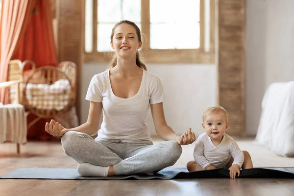 Mother Baby Workout Concept Cute Smiling Little Baby Boy Sitting — Stock Photo, Image