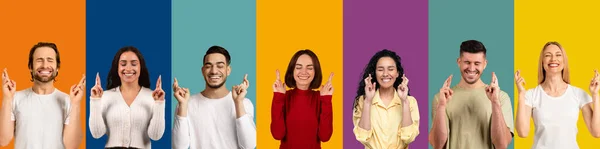 Human emotions and gestures concept. Excited superstitious multicultural millennial men and women with closed eyes crossing fingers over colorful backgrounds, collage, banner