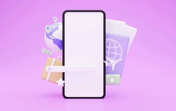 紫色の背景に白い空白のスクリーンが付いている大きいスマートフォンが付いている3Dイラスト 旅行先 パスポート フライトチケット グローバル 検索バー モックアップ コピースペースを検索 — ストック写真