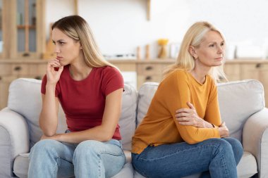 Bin yıllık yetişkin bir kız ve büyük bir anne sırt sırta oturarak kavga etmekten kaçınır, iki nesildir inatçı kadınları incitir çatışmadan sonra birbirlerini görmezden gelirler, yanlış anlaşılma kavramı.