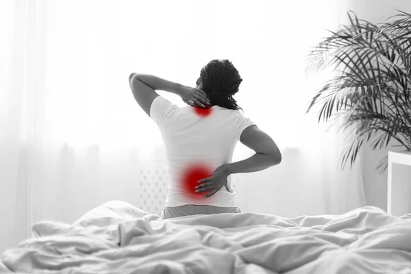 Rear View Young Black Woman Suffering Neck Back Pain Shot — Stock Photo, Image