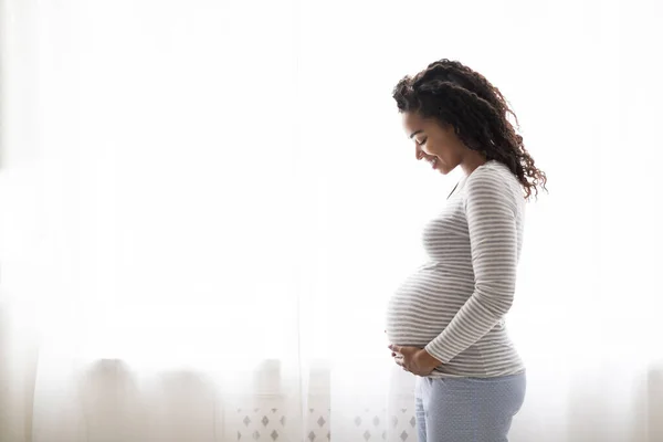 Profile Portrait Of Black Smiling Pregnant Woman Tenderly Embracing Belly While Standing Near Window At Home, Happy Expectant Mother Enjoying Her Healthy Pregnancy And Awaiting Time, Copy Space