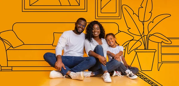 Familie Huisvesting Aanbod Happy Black Couple Met Kleine Dochter Knuffelen — Stockfoto