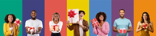 圣诞节 圣诞节 情人节 结婚周年庆祝的概念 快乐的多文化千年一代拿着礼品盒 快乐多样的年轻男女带着礼物 拼凑在一起 — 图库照片