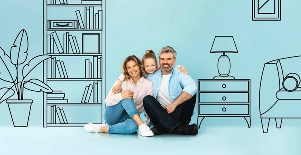 New House Dreams. Family With Mature Parents And Little Daughter Sitting Near Blue Wall With Drawn Living Room Interior, Hugging Planning Purchase Of Own Real Estate Property. Panorama