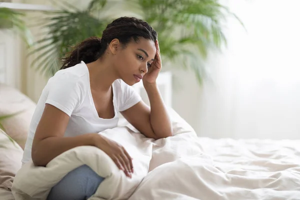 Apathy Concept Portrait Depressed Young Black Woman Sitting Bed Home — Stock Photo, Image