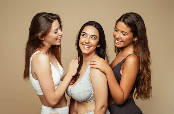 Cheerful Young Spanish Arab European Women Different Underwear Enjoy Natural — Stock Photo, Image