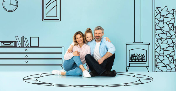 Smiling little european girl hug adult parents on floor, isolated on blue studio background, with drawn abstract furniture in living room interior. Buy own home, family dreams of house design