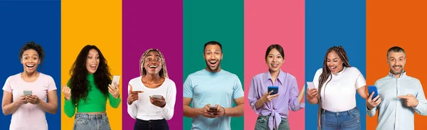 Отличное Онлайн Предложение Сделка Коллаж Многорасового Разнообразия Людей Использующих Смартфоны — стоковое фото