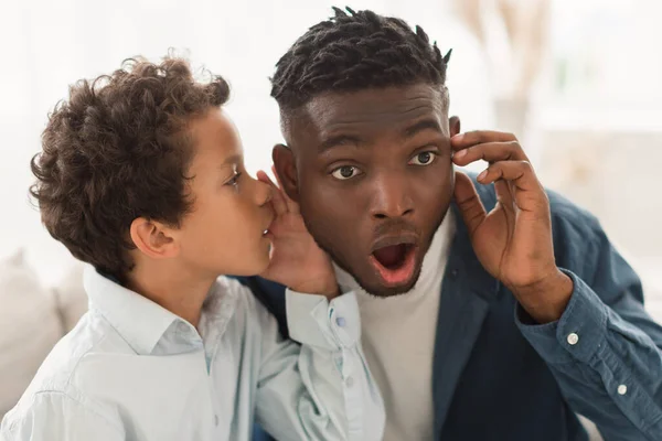Shocking Kid Secrets Little Son Whispering Rumors News Dad Ear — Stock Photo, Image