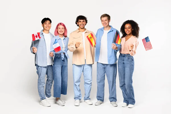 Glada Utbytesstudenter Språkskolan Multiracial Vänner Som Håller Flaggor Frankrike Kanada — Stockfoto