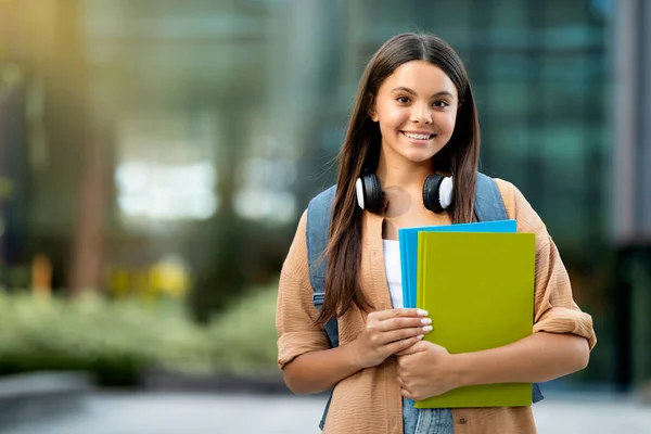 Positive Pretty Young Woman Student Wearing Casual Outfit Backpack Notepads — Stock Photo, Image