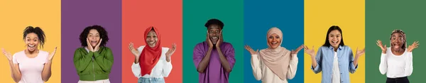 Mosaico Colorido Rostos Felizes Retratos Diversas Pessoas Emocionais Sorrindo Posando — Fotografia de Stock