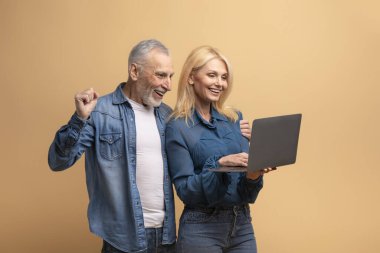 Birlikte dizüstü bilgisayar kullanıp başarıyı kutlayan, bej arka planda tecrit edilmiş mutlu bir çift. Mutlu emekli erkek ve kadın arkadaşlar online alışveriş yaparken satış sezonu, özel teklif