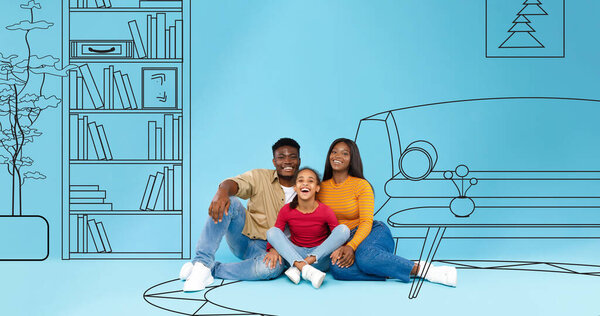 Cheerful millennial african american mom, dad hug little girl on floor, enjoy own home on blue studio background, with abstract drawn furniture, living room interior. Dreams of house design
