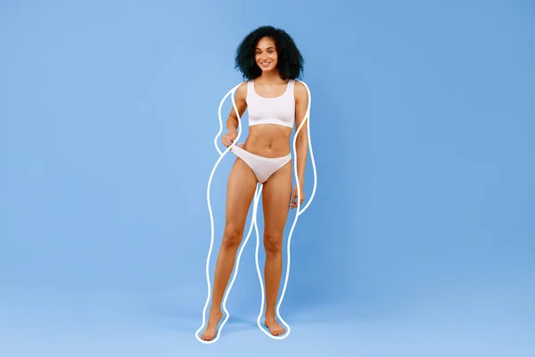 Full body length shot of fit black lady with slim body posing in underwear, young female with perfect sporty figure and flat abdomen standing isolated color studio background, copy space, collage