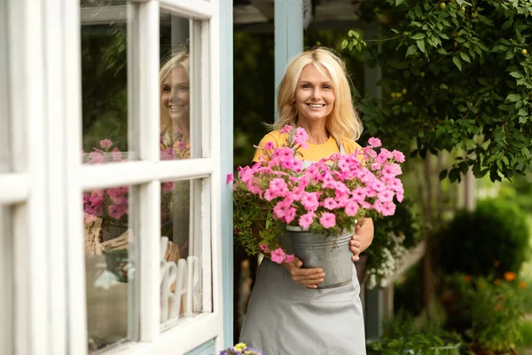 彼女の裏庭に美しい成熟した女性ガーデニング 花とバケツを保持し カメラで笑顔 カントリーハウスのテラスに立っているエプロンを着て幸せな上級女性庭師 植栽を楽しむ — ストック写真