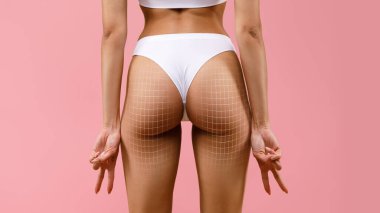 Back view of slim lady in white underwear demonstrating her perfect butt, posing on pink studio background, copy space. Woman with perfect body posing in ligerie. Slimming concept, cropped, collage