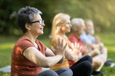 Grup dersi sırasında yoga yapan sakin, mutlu yaşlı kadın parkta çimlerin üzerinde meditasyon yapan, Lotus pozisyonunda oturan ve Namaste jestleri yapan sakin, olgun erkek ve kadın.