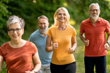 Parkta birlikte koşan bir grup olgun insan, dışarıda koşan mutlu yaşlı erkekler ve kadınlar, spor kıyafetleriyle aktif yaşlı yetişkinler, dışarıda egzersiz yapıyorlar, sağlıklı yaşam tarzının tadını çıkarıyorlar, kapanış yapıyorlar.