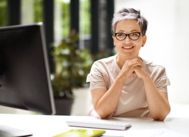 Neşeli, çekici, olgun, gri saçlı, yönetici kadın yönetici bilgisayar ekranının önünde oturmuş kameraya bakıyor ve gülümsüyor. Ofiste çalışan orta yaşlı bir iş kadını