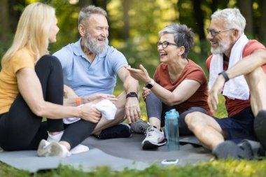 Son sınıf eğlencesi. Eğitimden sonra parkta dinlenen, spor giyim kuşamında spor kıyafetleri giymiş, spor minderlerinde oturmuş sohbet eden, gülen ve eğlenen mutlu yetişkinlerden oluşan bir grup.