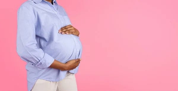 Millennial Black Pregnant Lady Touch Belly Hands Enjoy Motherhood Isolated — Stock Photo, Image