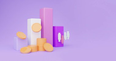 Para nakit paraları, piyasalarda ve borsada değişiklikleri gösteren renkli grafikler, ticaret konsepti için 3D illüstrasyon, mor arkaplan, reklam için kopya alanı olan panorama, metin alanı