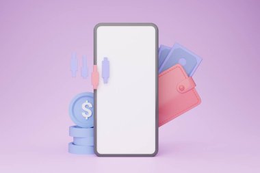 Beyaz ekranlı akıllı telefon, cüzdan, dolar işareti ve mor arka planda para, üç boyutlu illüstrasyon, maket, kopyalama alanı. Modern teknolojiler ve bankacılık, kolay alışveriş konsepti, kolaj