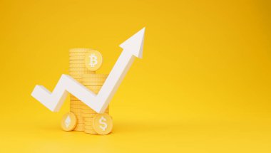 Para sikkeleri, bitcoing, yükselen ok piyasalarda ve borsada büyüyen değişimi gösteriyor, ticaret konsepti için 3D illüstrasyon, sarı arkaplan, kopya alanı olan panorama