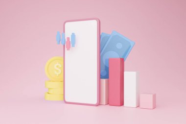 Beyaz boş ekranlı akıllı telefon, farklı dünya borsaları için grafikler, pembe arka plandaki para, hisse senedi ve pazar konsepti ticareti için 3D illüstrasyon, kolaj