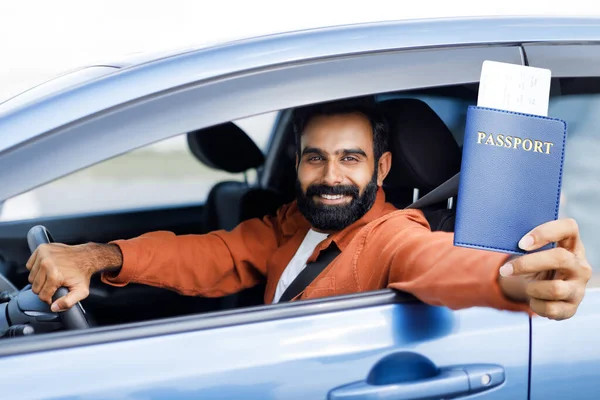 Joyful Arab Man Showing His Passport Opened Car Window Sitting — Stock Photo, Image